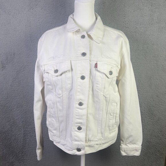 Levis Ex-boyfriend Trucker Jacket Womens M White Denim Button Outdoors Cotton - Picture 1 of 11